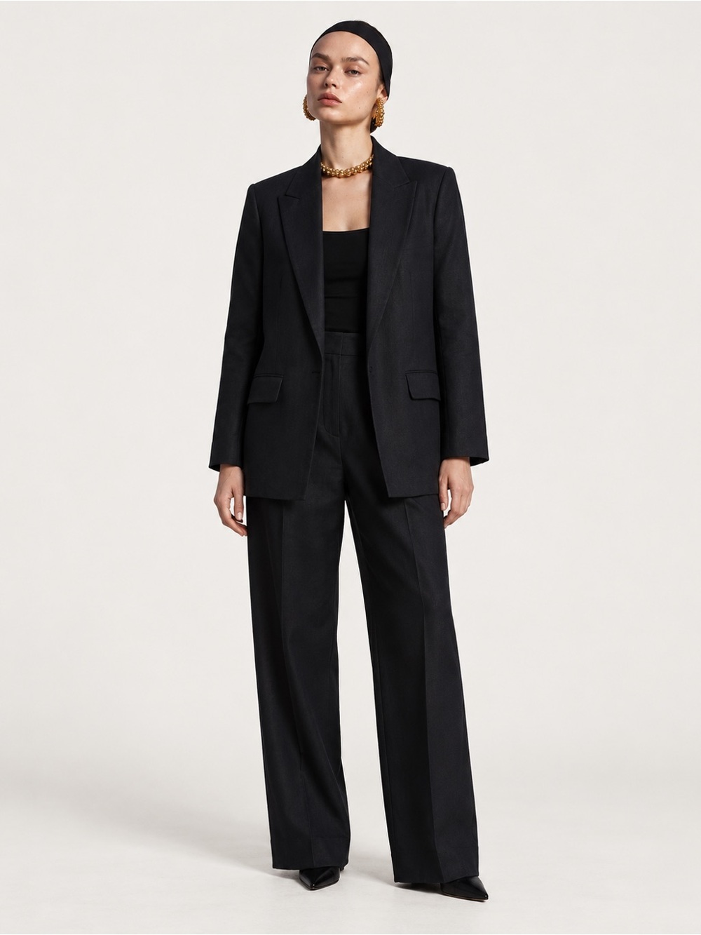 Mango Linen Long Blazer in Black Size M